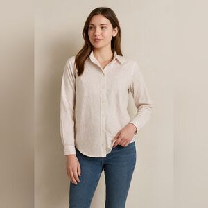 Powder Pink Grey Wrinkle Resistant Printed Button Up Shirt L Blouse Quiet Luxury